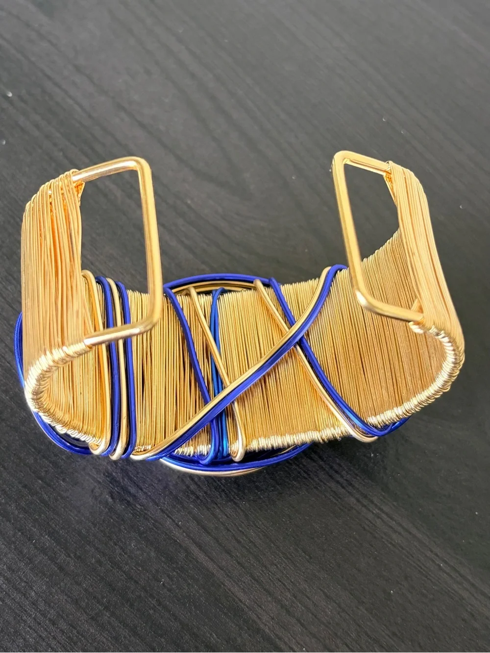 Sparkling Blue and Gold Wire Wrapped Cuff Bracelet